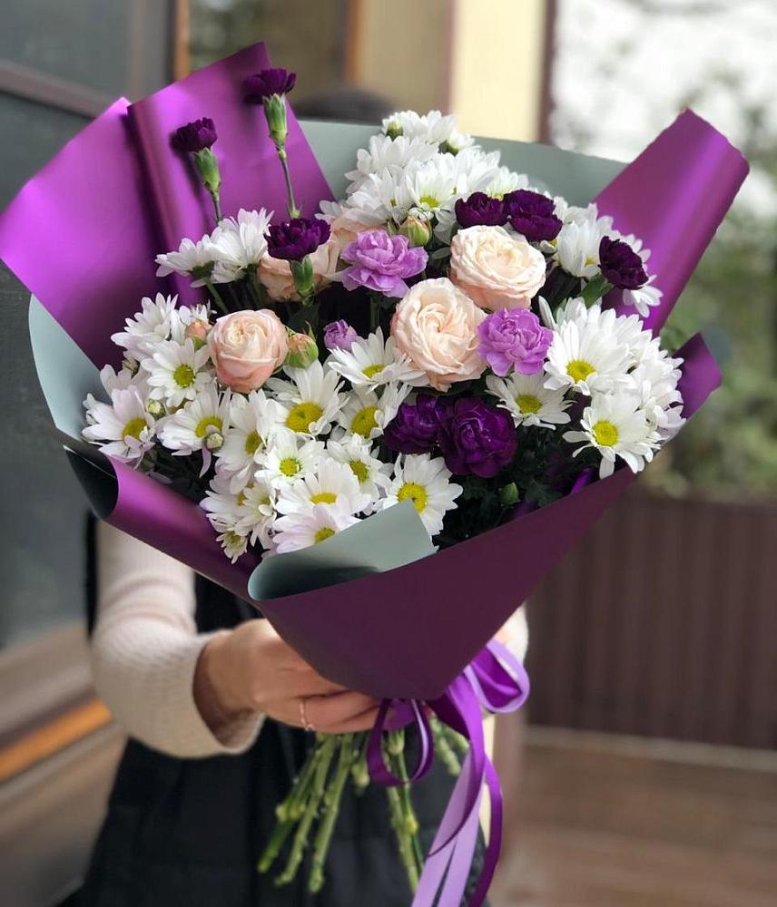 Букет фиолетовый сад в Майский Тульская область Букет цветов из: Хризантемы, Гвоздики и Розы в Майский Тульская область