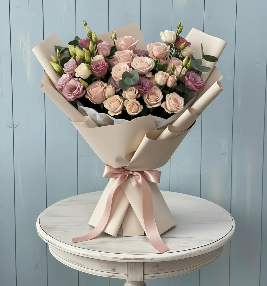 Букет бодрость в Майский Тульская область Букет цветов из: Розы и Лизиантусы в Майский Тульская область